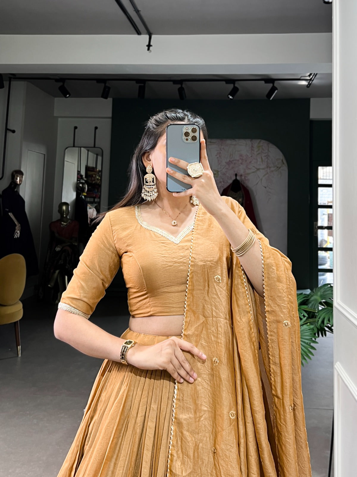 Green & Gold Pure Chanderi Zari Work Lehenga Choli