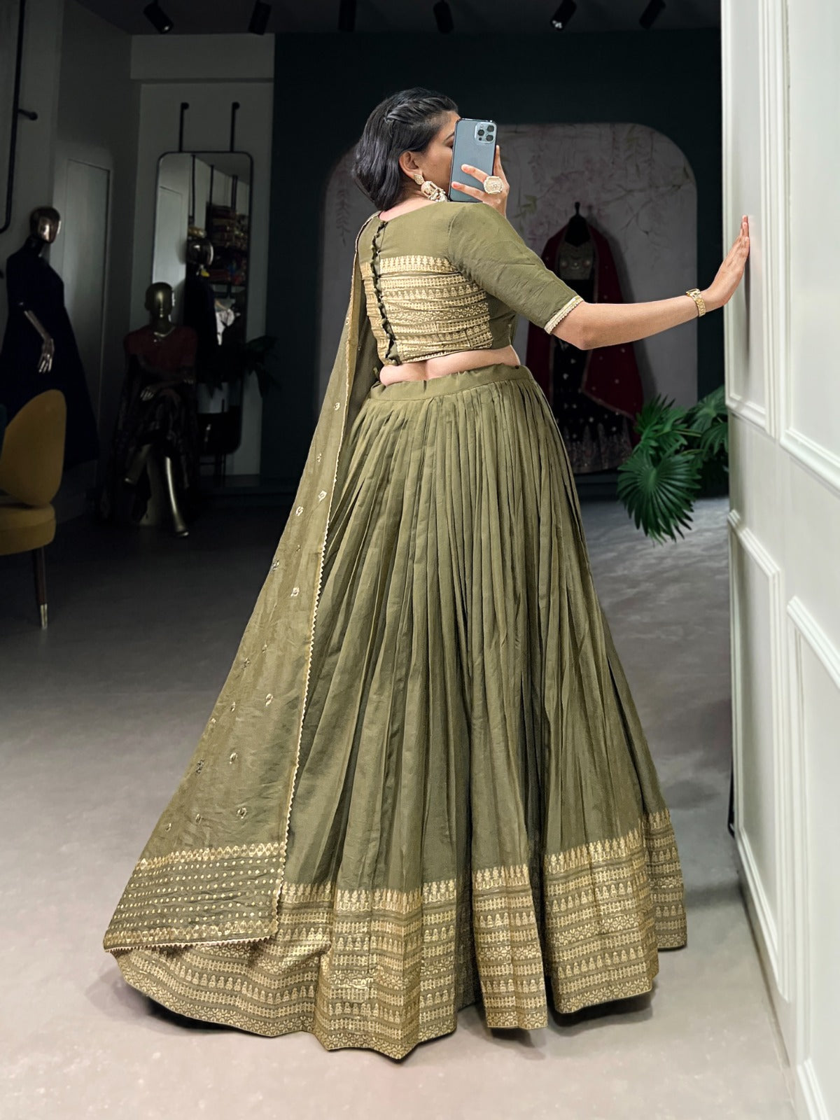 Green & Gold Pure Chanderi Zari Work Lehenga Choli