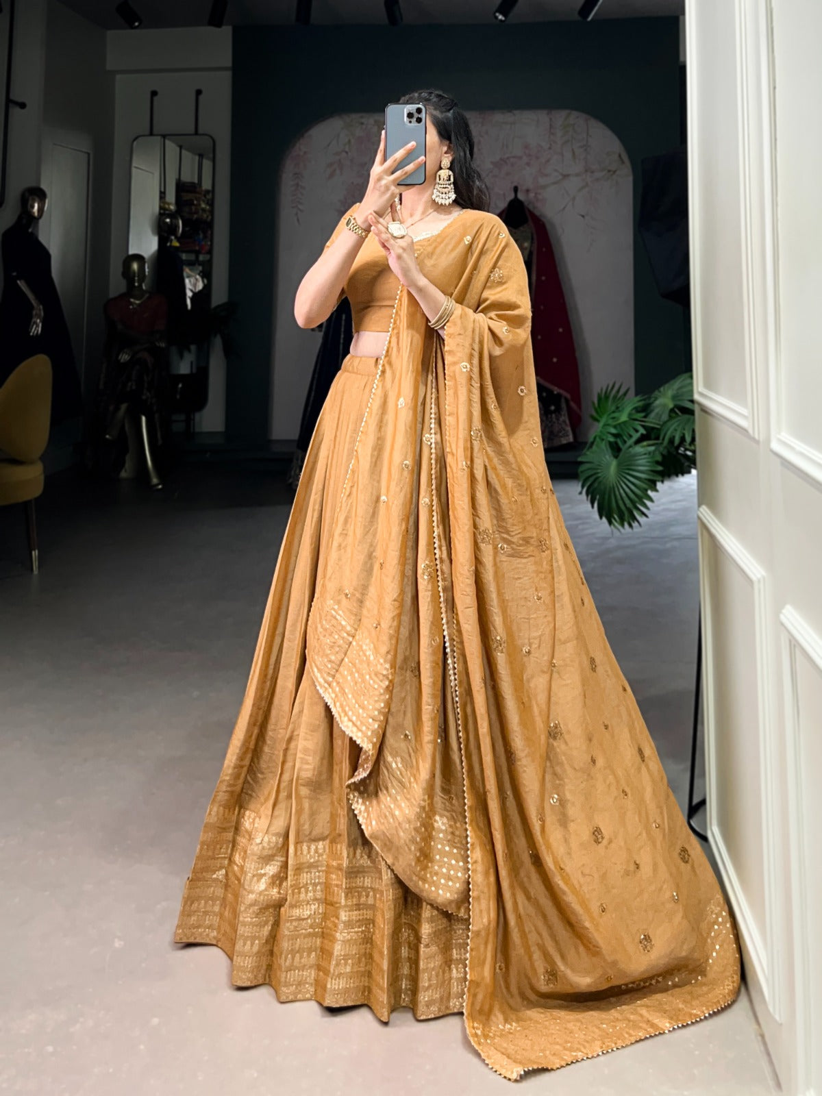 Green & Gold Pure Chanderi Zari Work Lehenga Choli