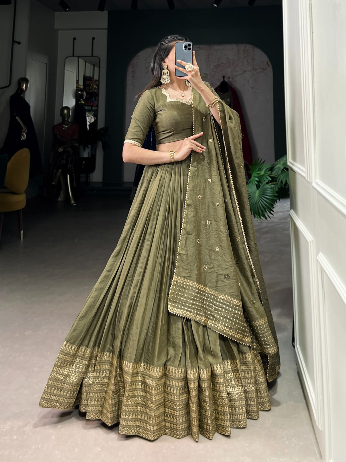 Green & Gold Pure Chanderi Zari Work Lehenga Choli
