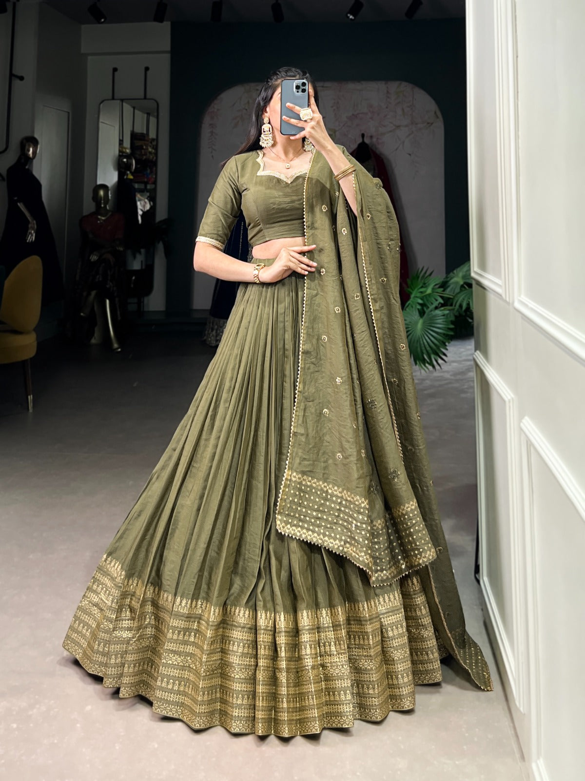 Green & Gold Pure Chanderi Zari Work Lehenga Choli