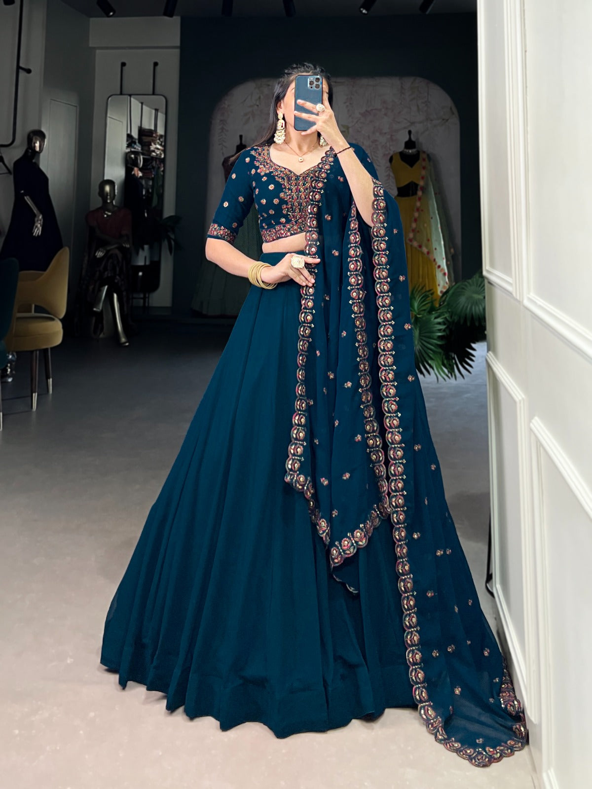 Blue Georgette Lehenga with Sequins & Thread Embroidery