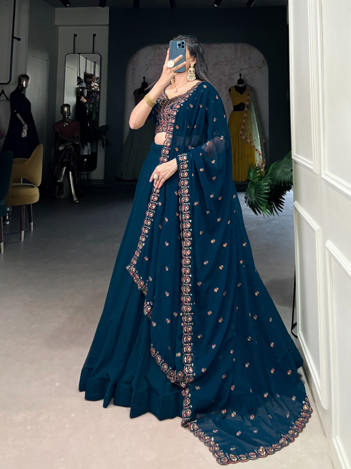 Blue Georgette Lehenga with Sequins & Thread Embroidery