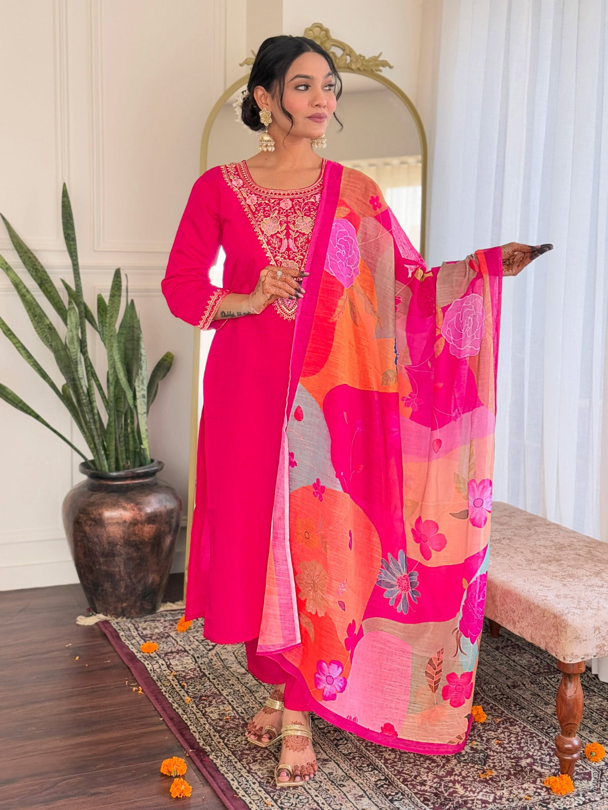 Viscose Chanderi Kurti with Pant & Dupatta Set