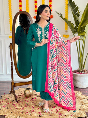 Viscose Chanderi Embroidered Kurti Set