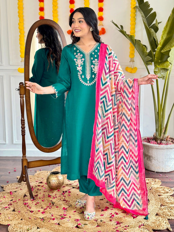 Viscose Chanderi Embroidered Kurti Set