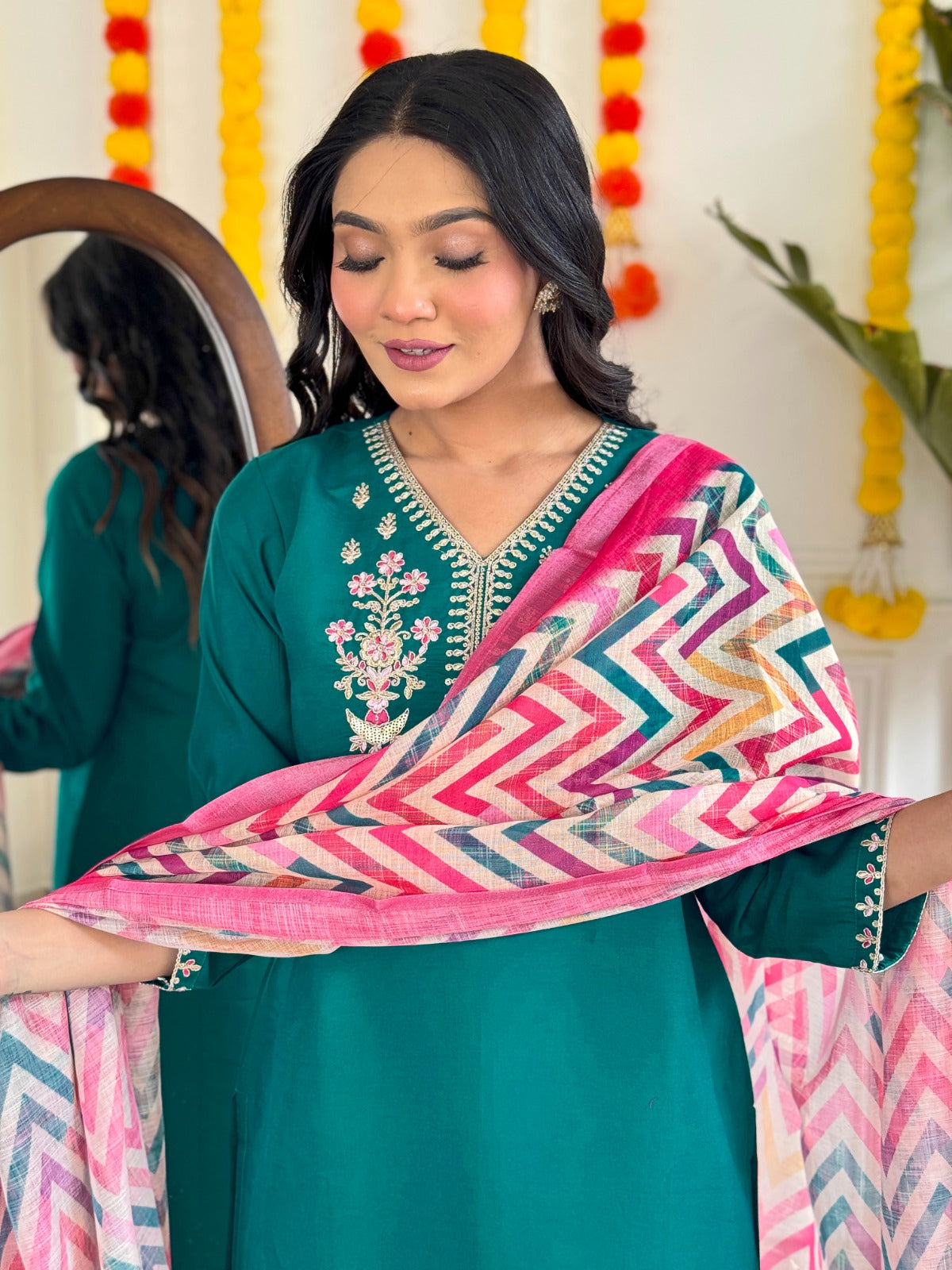 Viscose Chanderi Embroidered Kurti Set