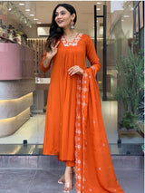 Orange Silk Chiffon Kurti with Pant & Dupatta Set