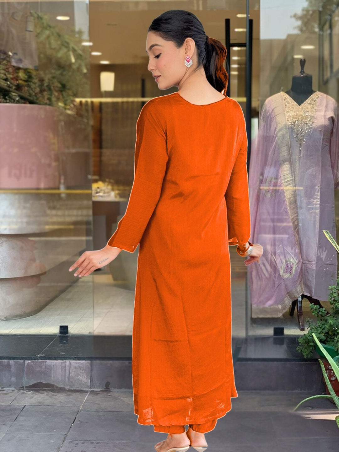 Orange Silk Chiffon Kurti with Pant & Dupatta Set