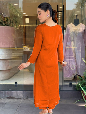 Orange Silk Chiffon Kurti with Pant & Dupatta Set