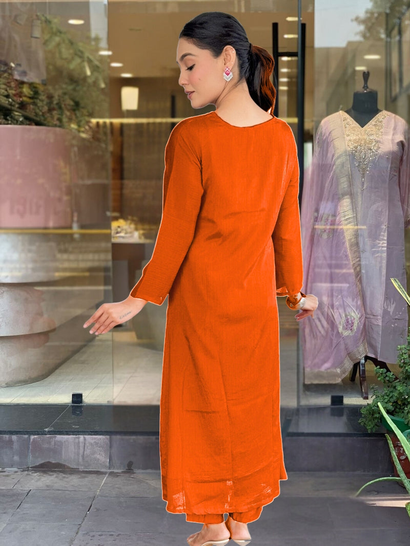 Orange Silk Chiffon Kurti with Pant & Dupatta Set