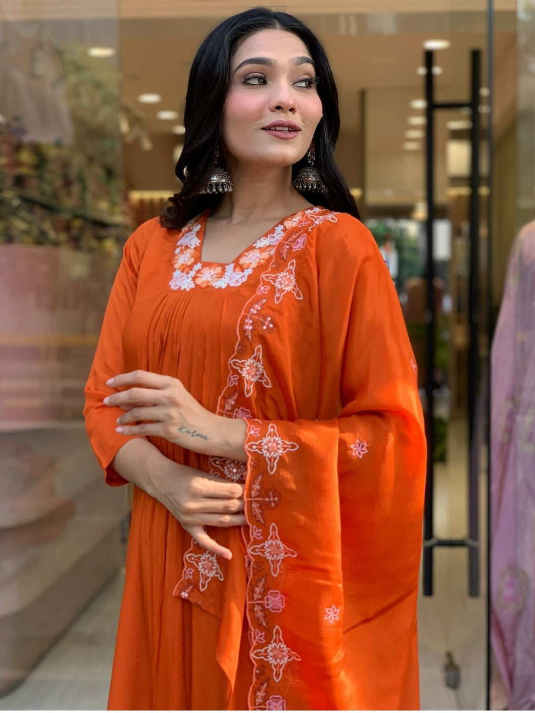 Orange Silk Chiffon Kurti with Pant & Dupatta Set