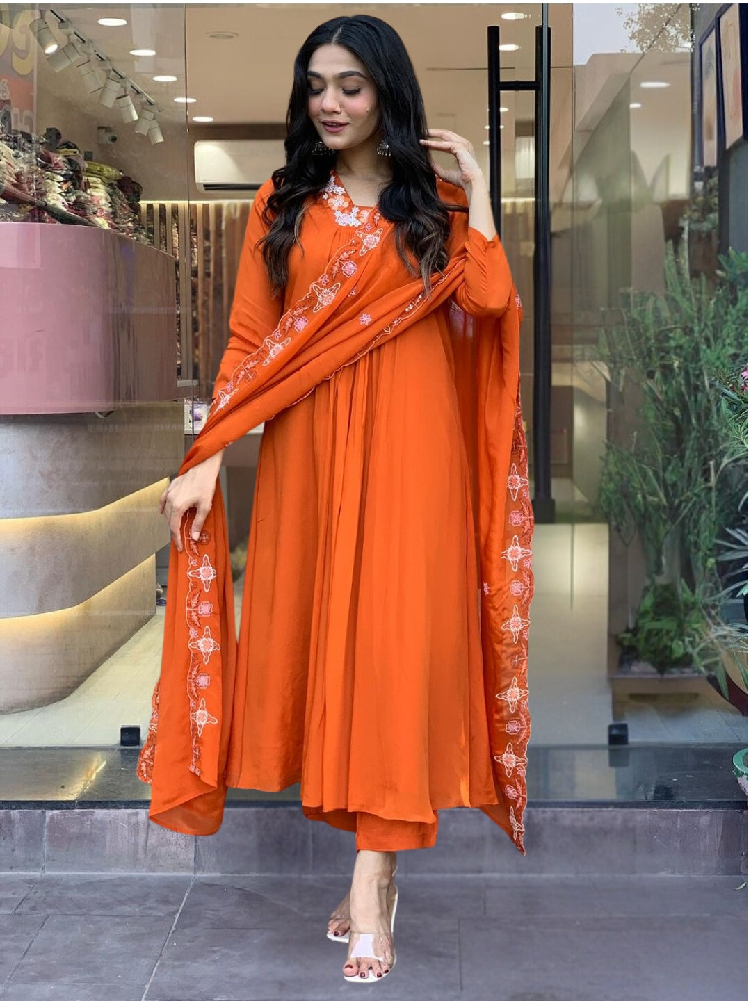 Orange Silk Chiffon Kurti with Pant & Dupatta Set