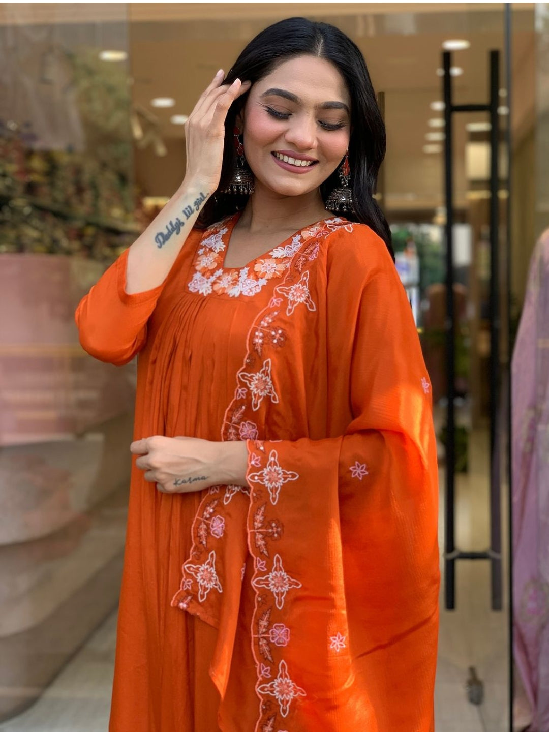 Orange Silk Chiffon Kurti with Pant & Dupatta Set