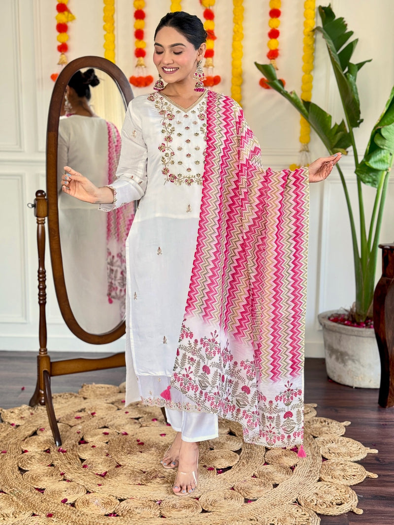 Viscose Chanderi Embroidered Kurti Set