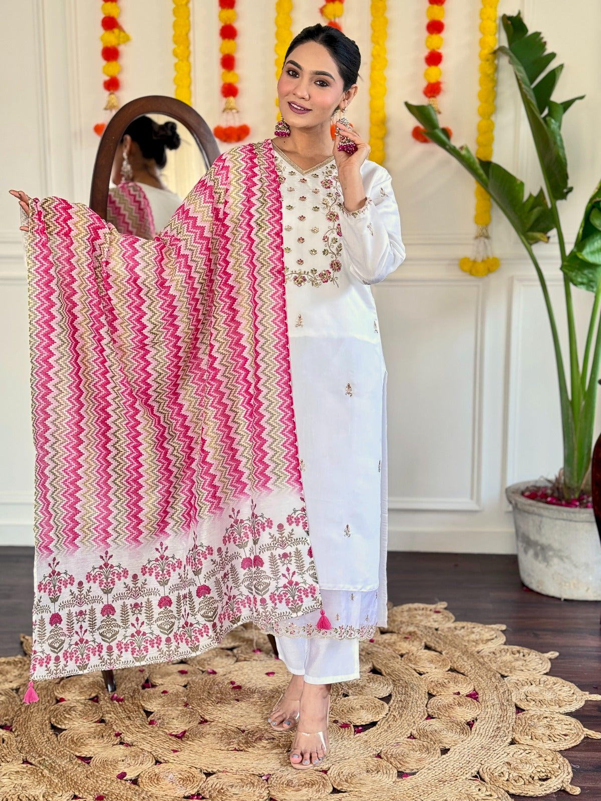 Viscose Chanderi Embroidered Kurti Set