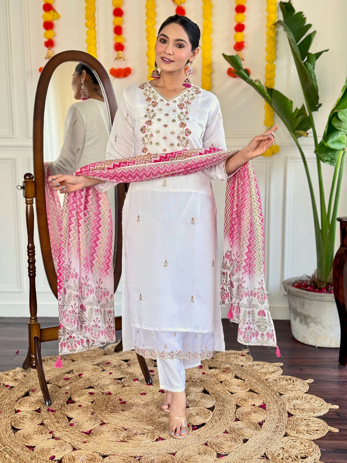 Viscose Chanderi Embroidered Kurti Set
