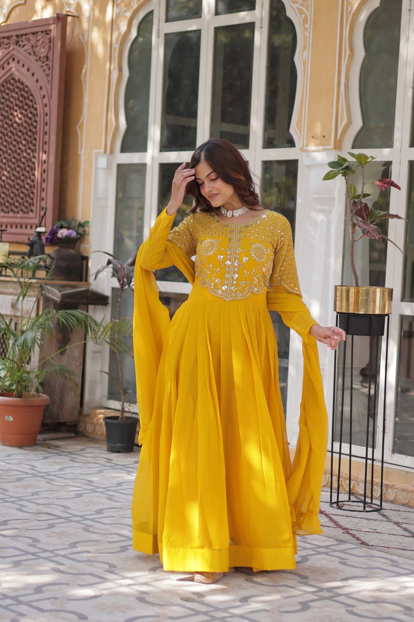 Red & Yellow Ready-to-Wear Gown with Dupatta