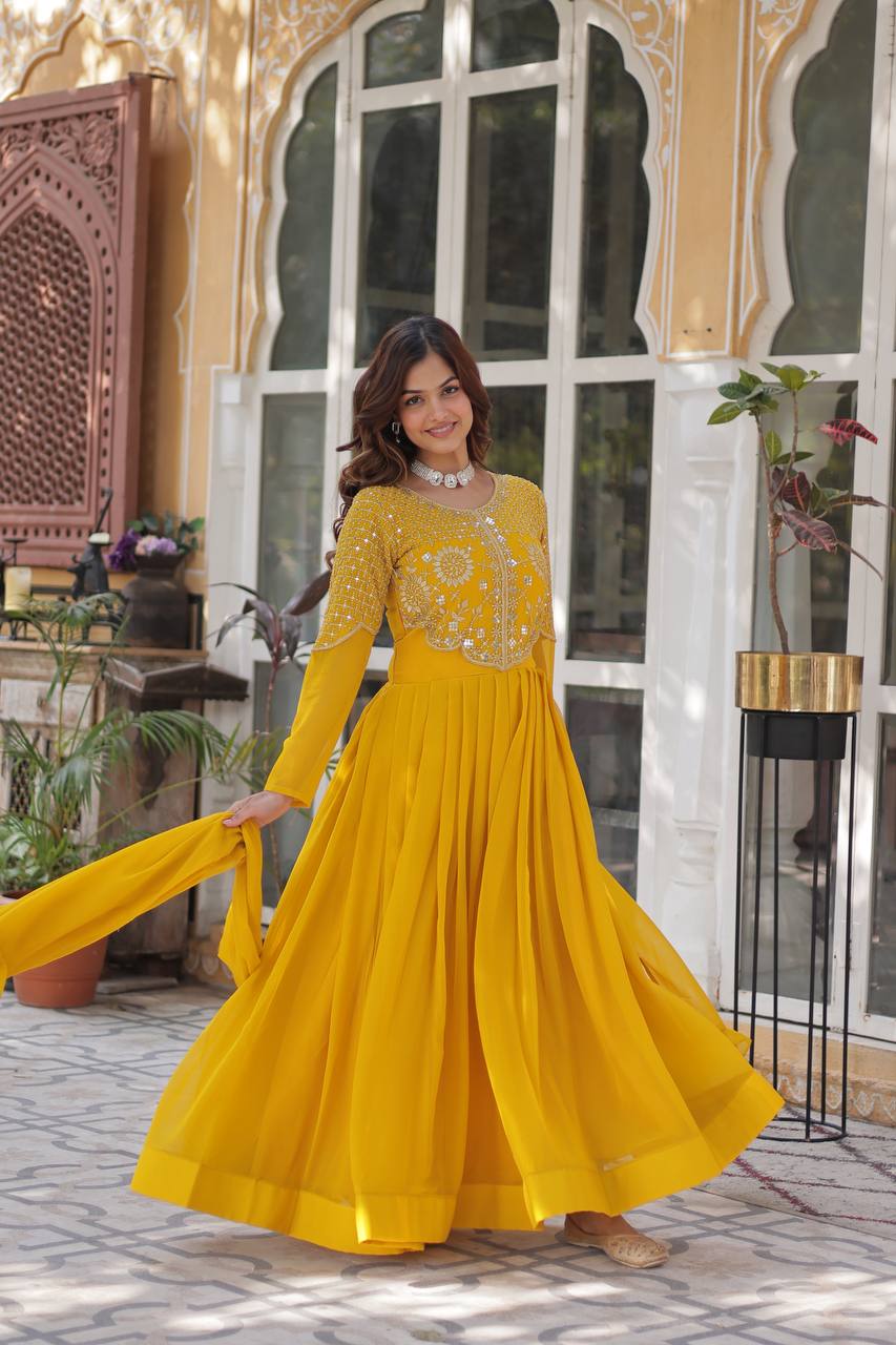 Red & Yellow Ready-to-Wear Gown with Dupatta