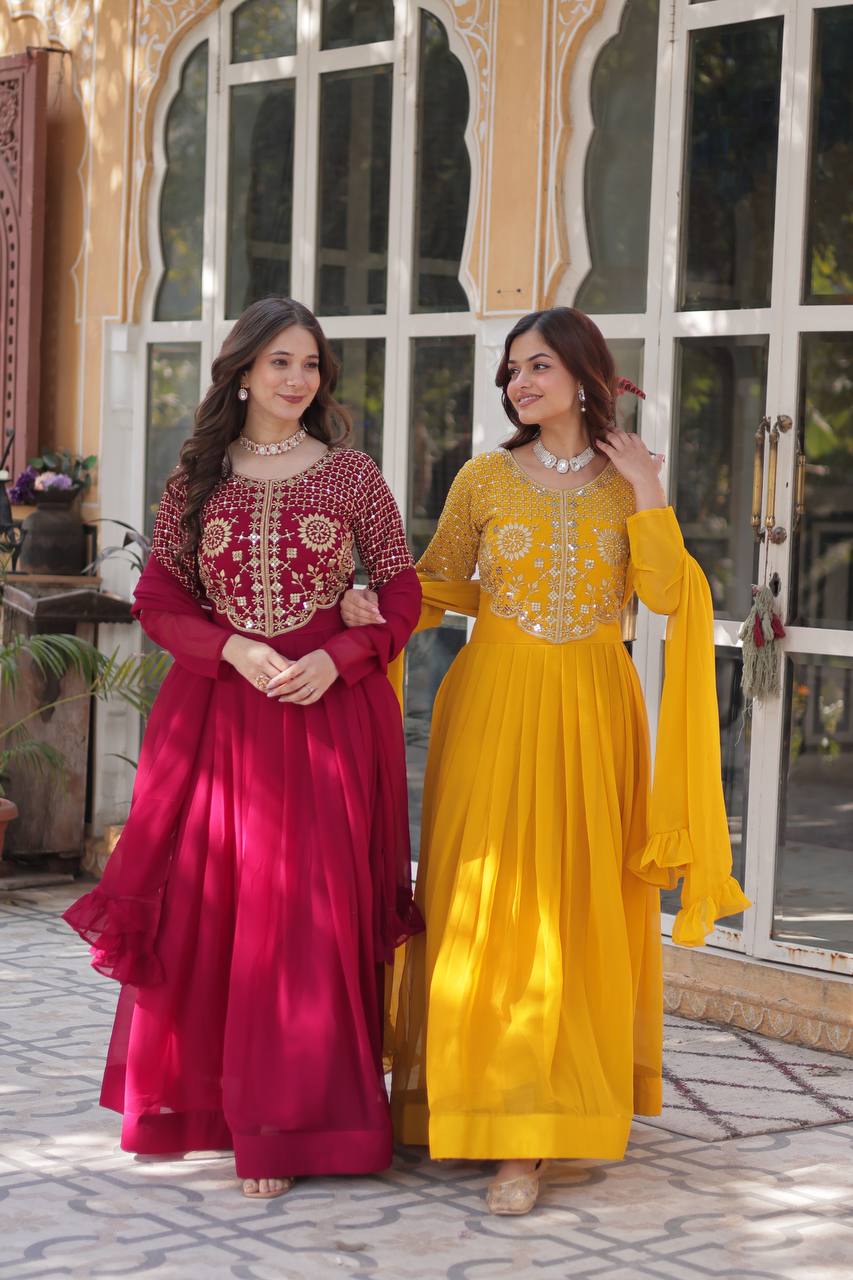 Red & Yellow Ready-to-Wear Gown with Dupatta