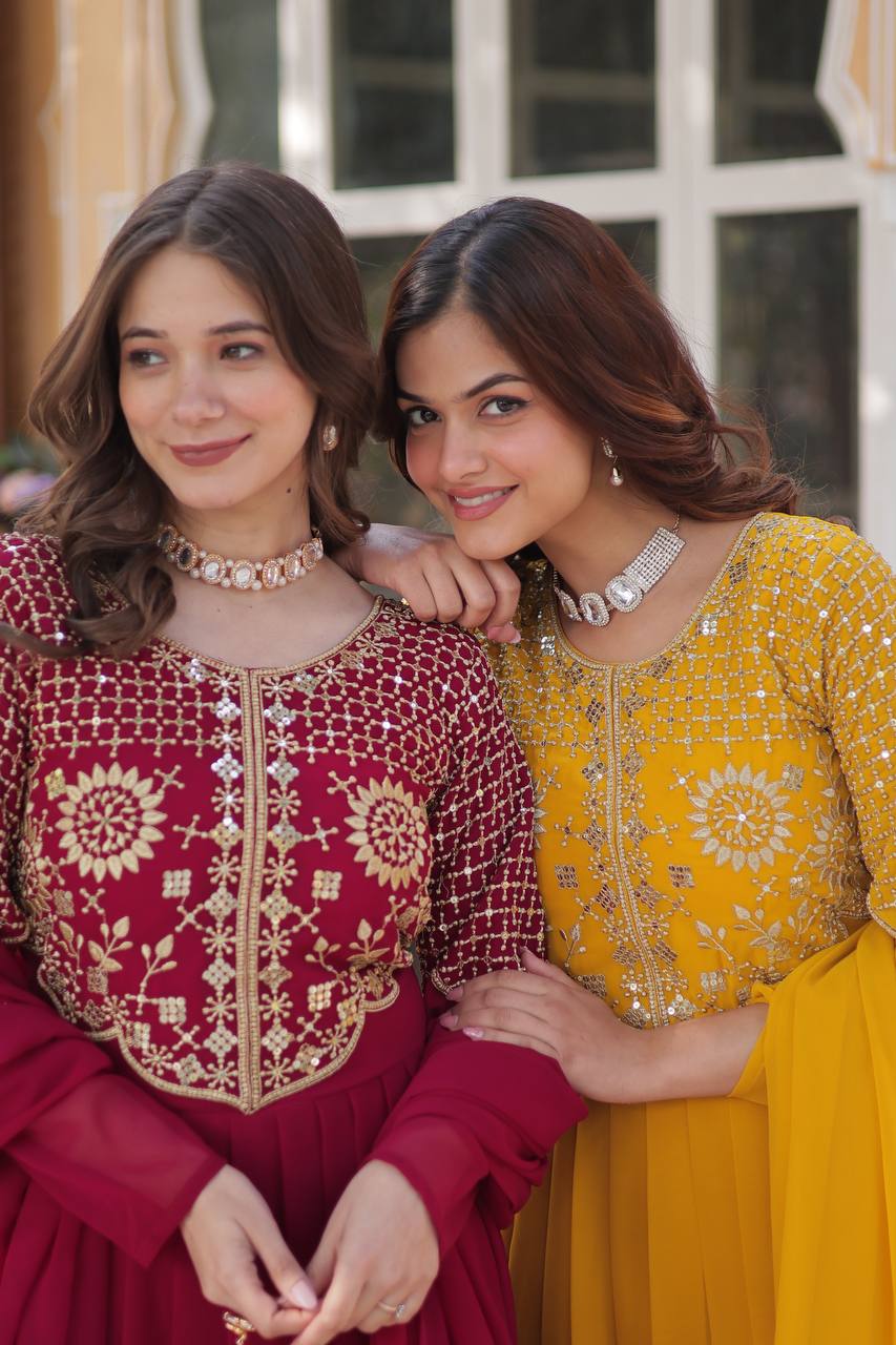 Red & Yellow Ready-to-Wear Gown with Dupatta