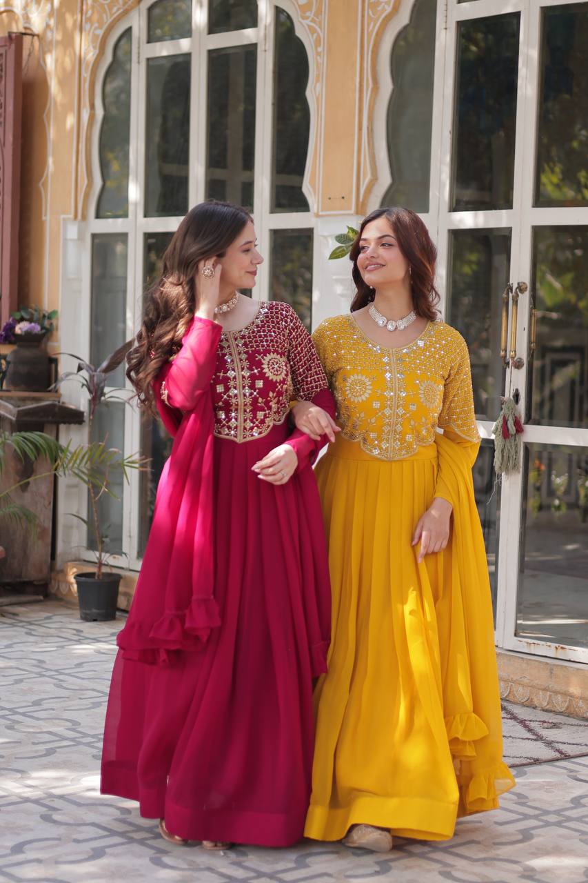Red & Yellow Ready-to-Wear Gown with Dupatta