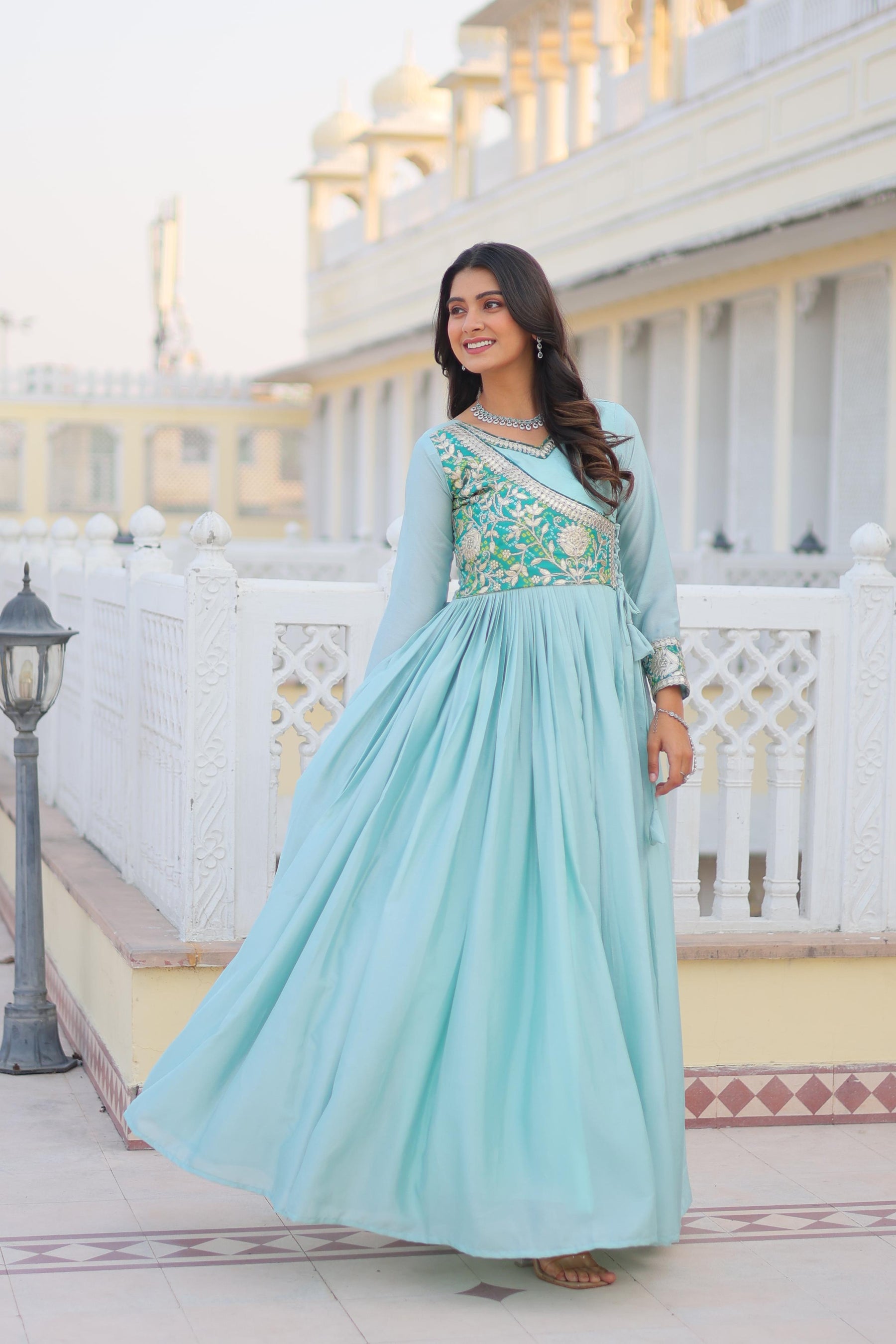 Stunning Bandhej Print Festival Gown with Jacket & Hand Purse