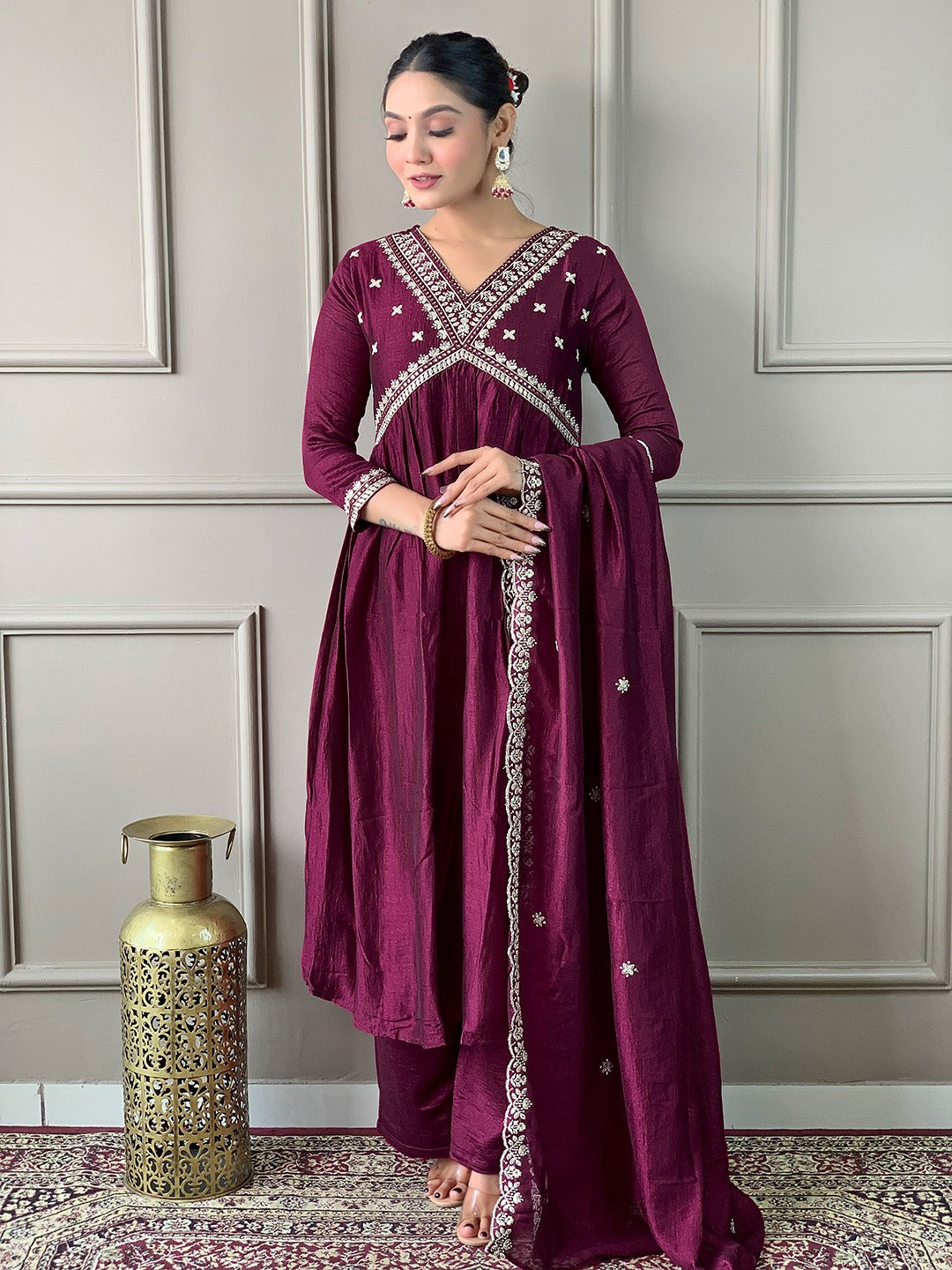 Wine Vichitra Silk Embroidered Kurta Set