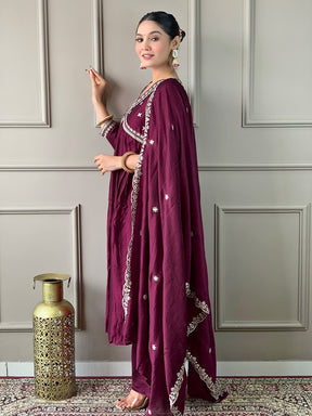 Wine Vichitra Silk Embroidered Kurta Set