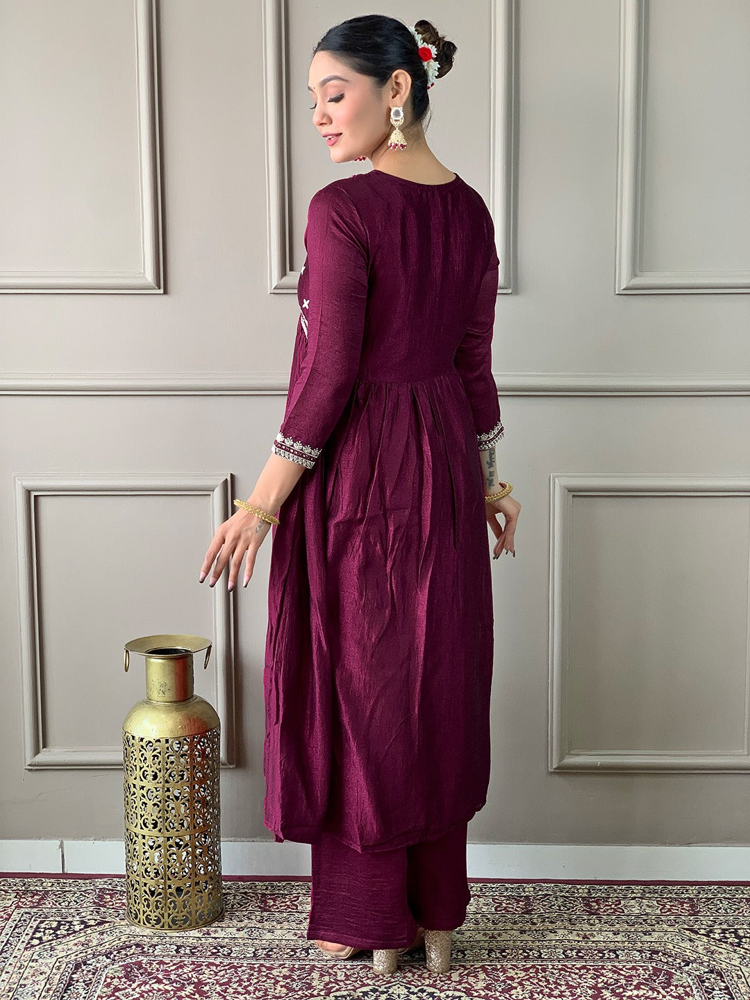 Wine Vichitra Silk Embroidered Kurta Set