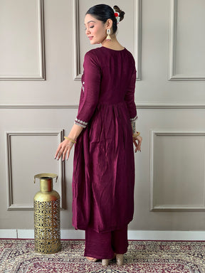 Wine Vichitra Silk Embroidered Kurta Set