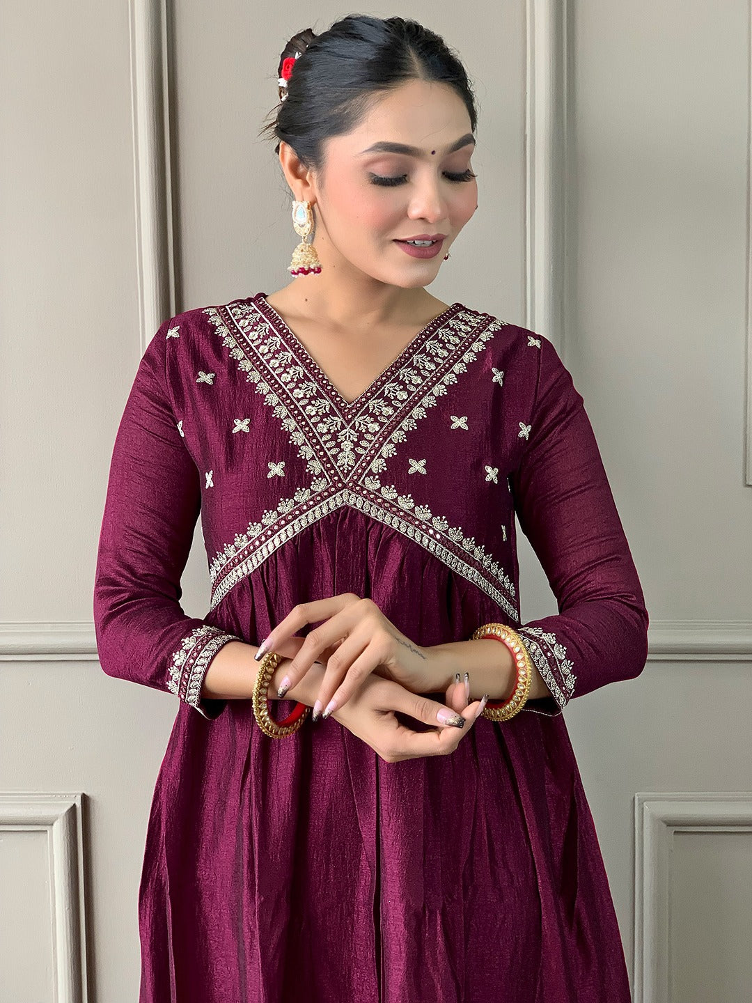 Wine Vichitra Silk Embroidered Kurta Set