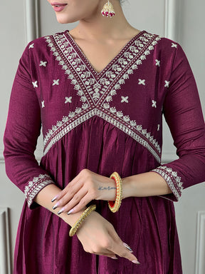 Wine Vichitra Silk Embroidered Kurta Set
