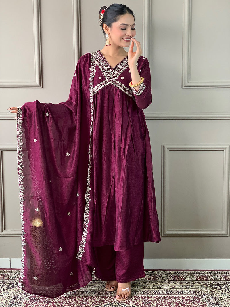 Wine Vichitra Silk Embroidered Kurta Set