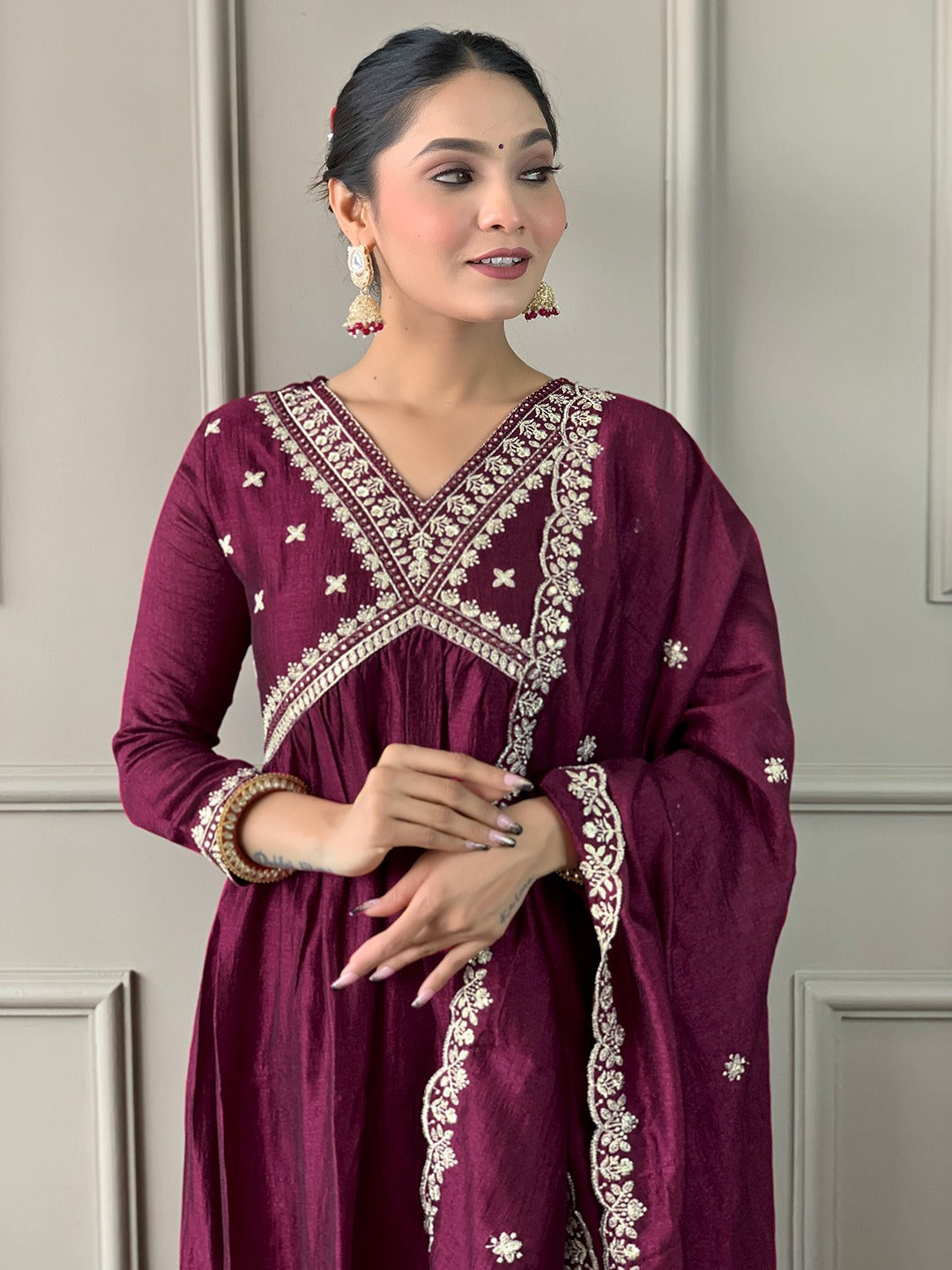 Wine Vichitra Silk Embroidered Kurta Set