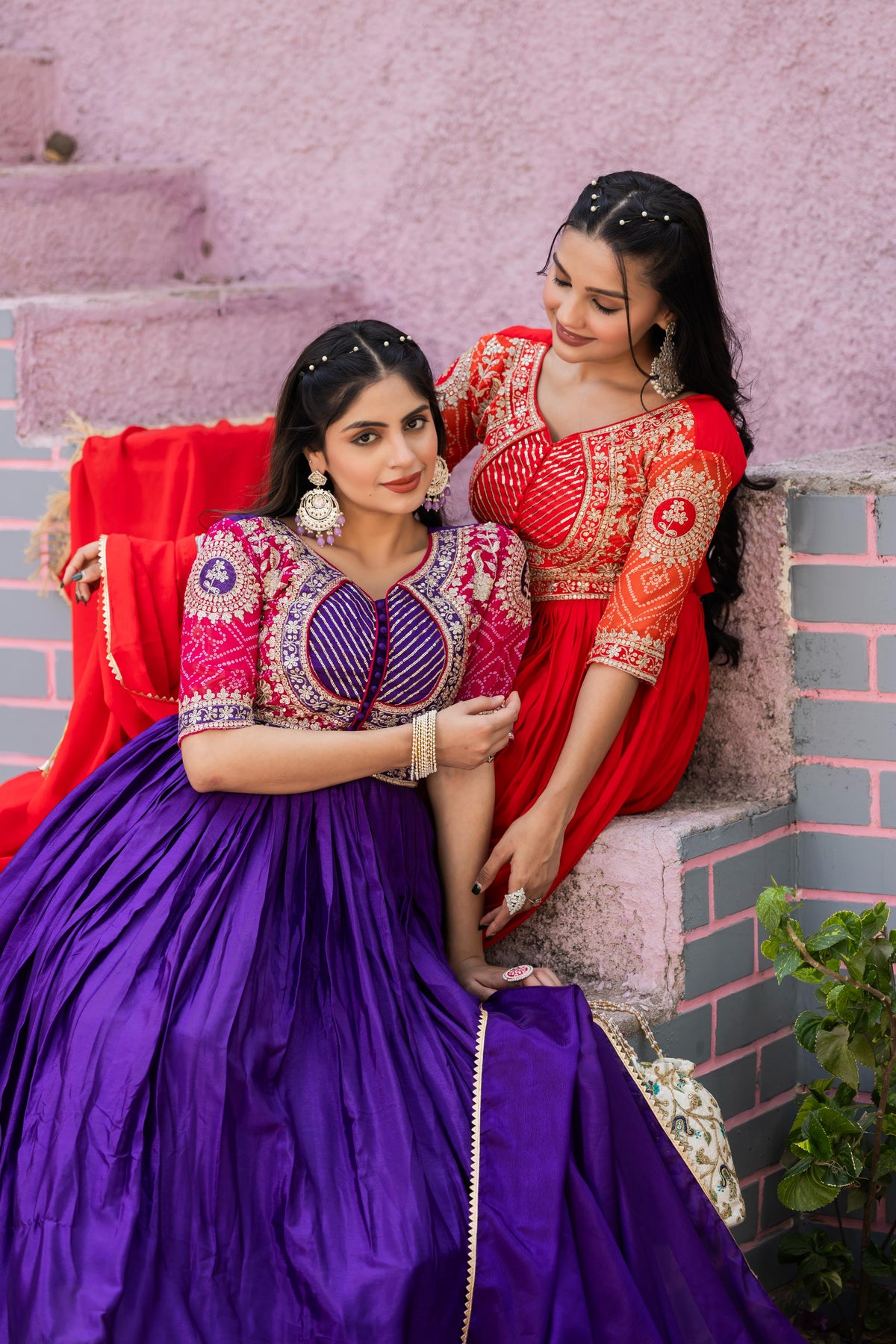 Red and Purple Premium festival wear long gown dupatta set