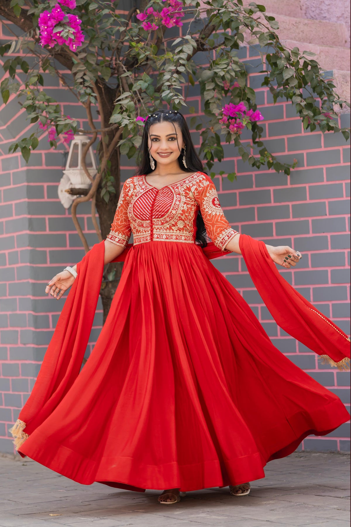 Red and Purple Premium festival wear long gown dupatta set