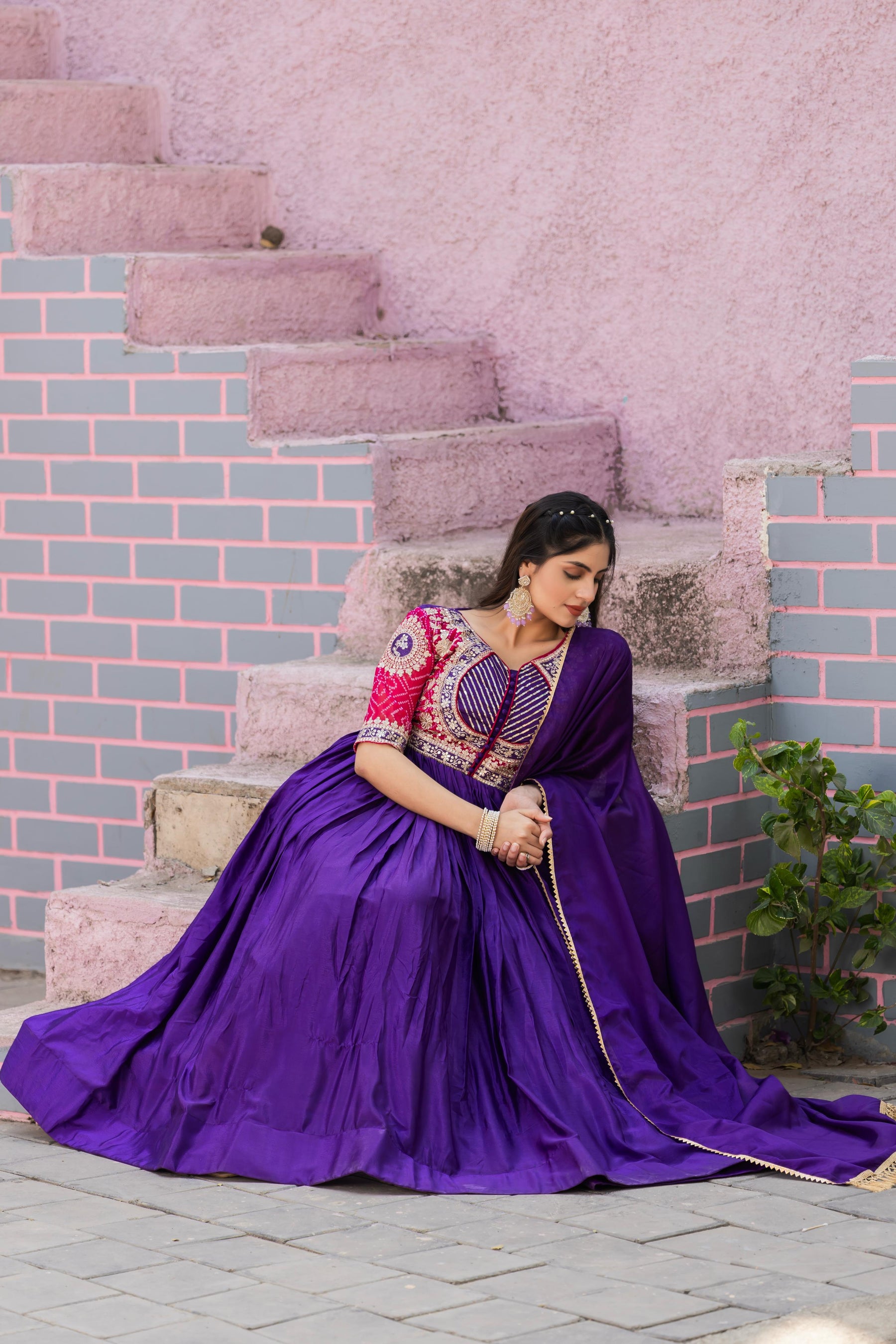Red and Purple Premium festival wear long gown dupatta set