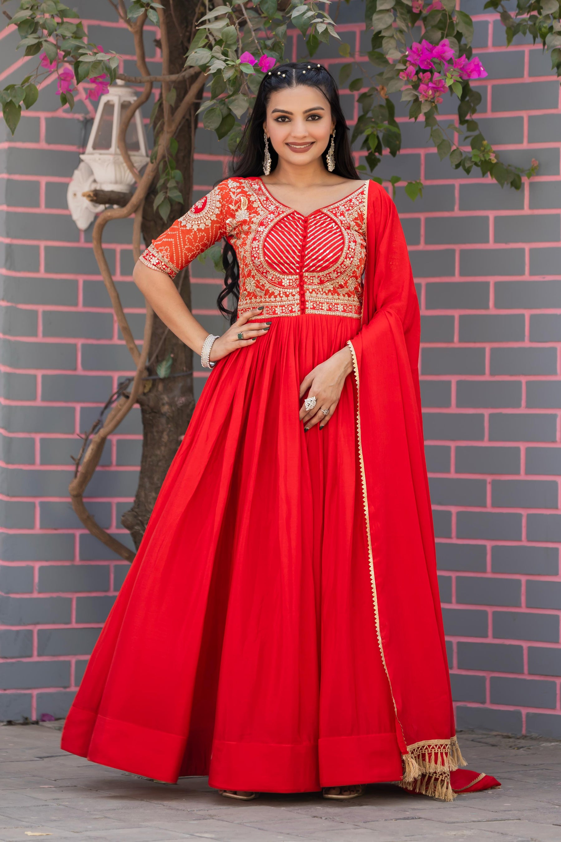 Red and Purple Premium festival wear long gown dupatta set