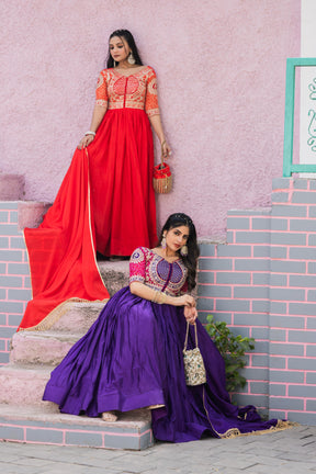 Red and Purple Premium festival wear long gown dupatta set