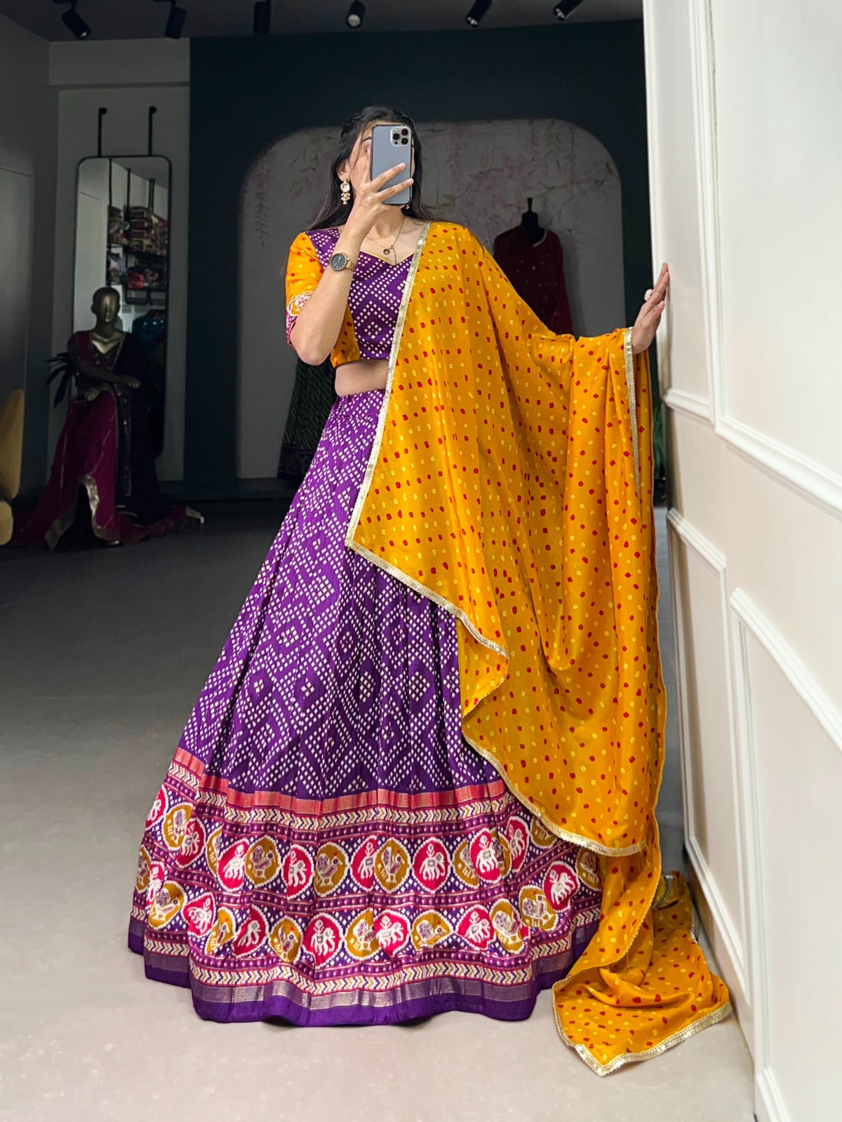 Bandhej & Patola Tussar Silk Lehenga Choli