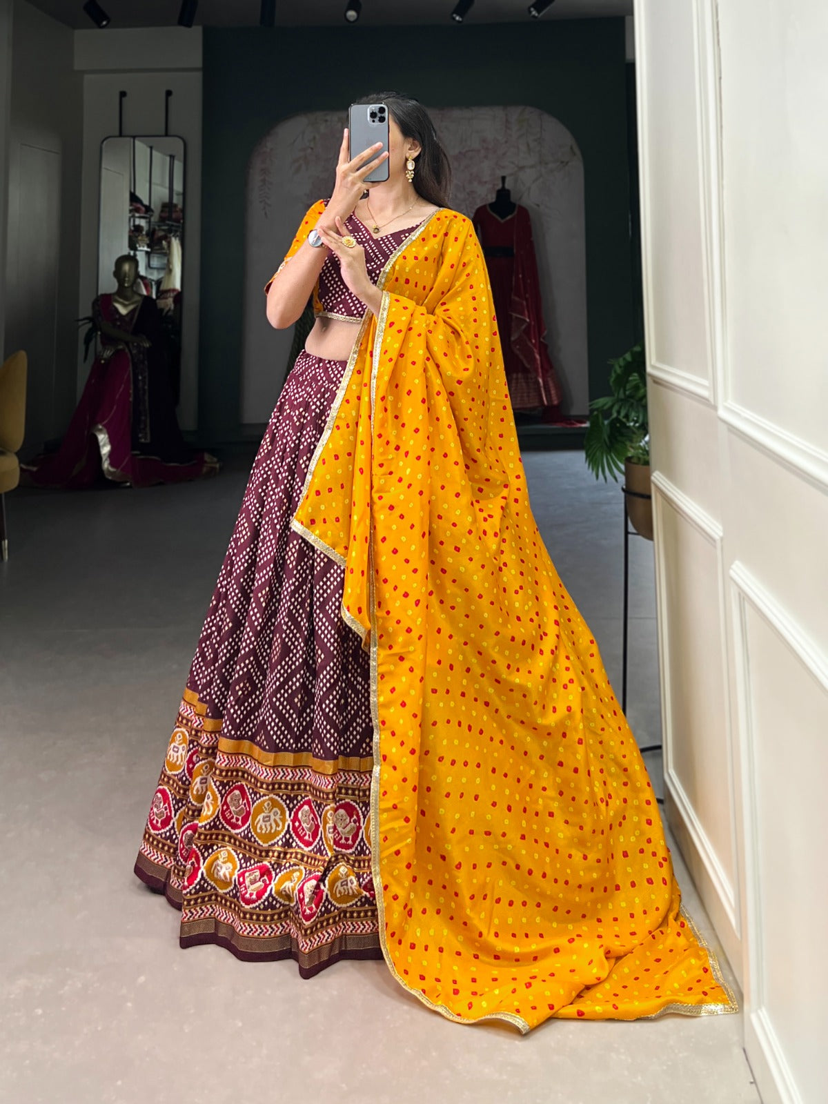 Bandhej & Patola Tussar Silk Lehenga Choli
