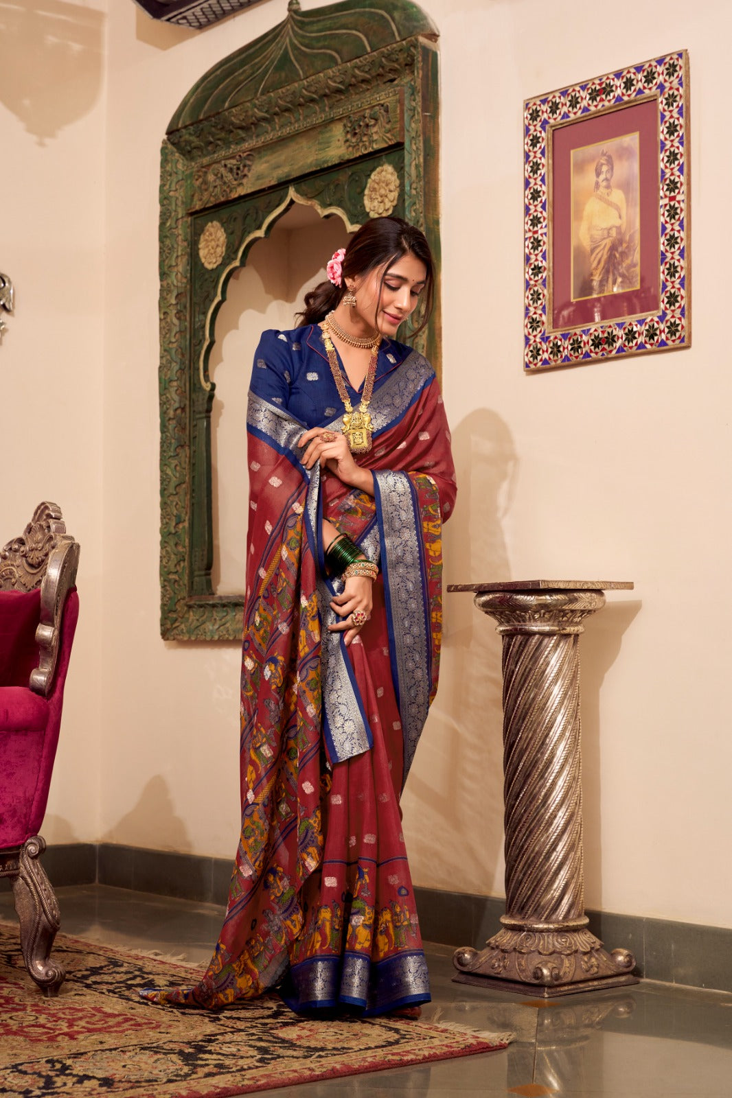 Kalamkari Print Sarees with Zari Weaving Border