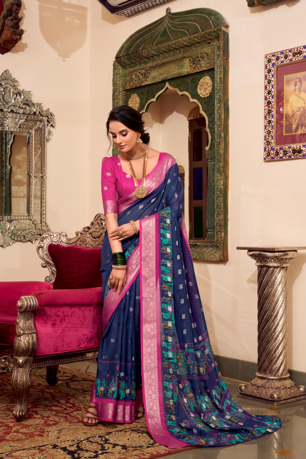 Kalamkari Print Sarees with Zari Weaving Border