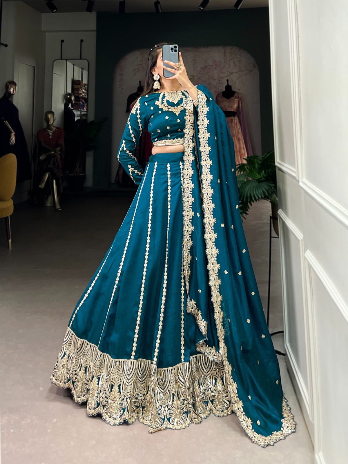Firozi Vichitra Silk sequins and thread embroidery Lehenga Choli