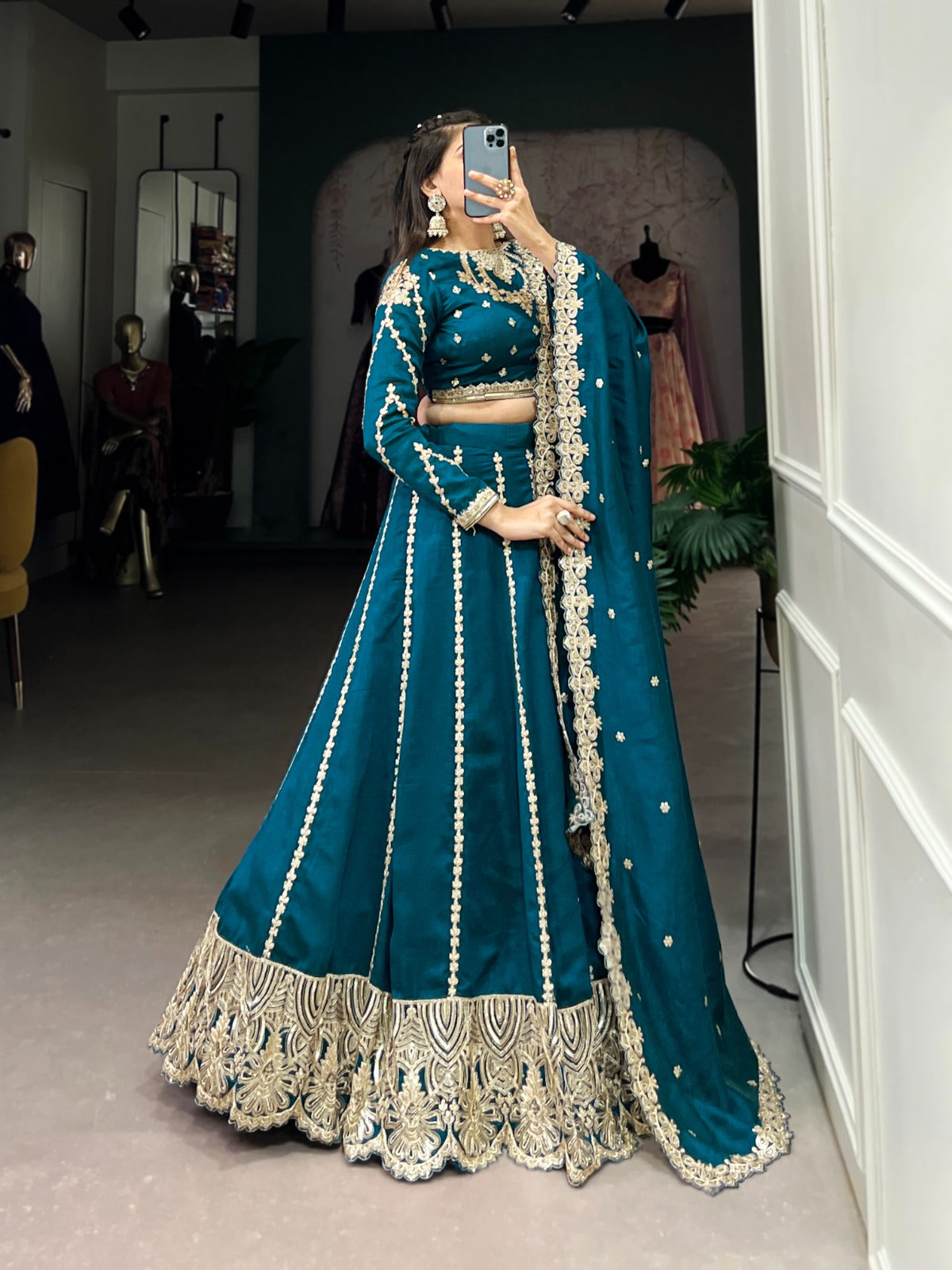 Firozi Vichitra Silk sequins and thread embroidery Lehenga Choli