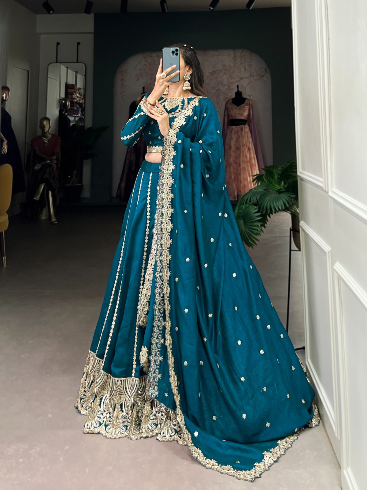 Firozi Vichitra Silk sequins and thread embroidery Lehenga Choli