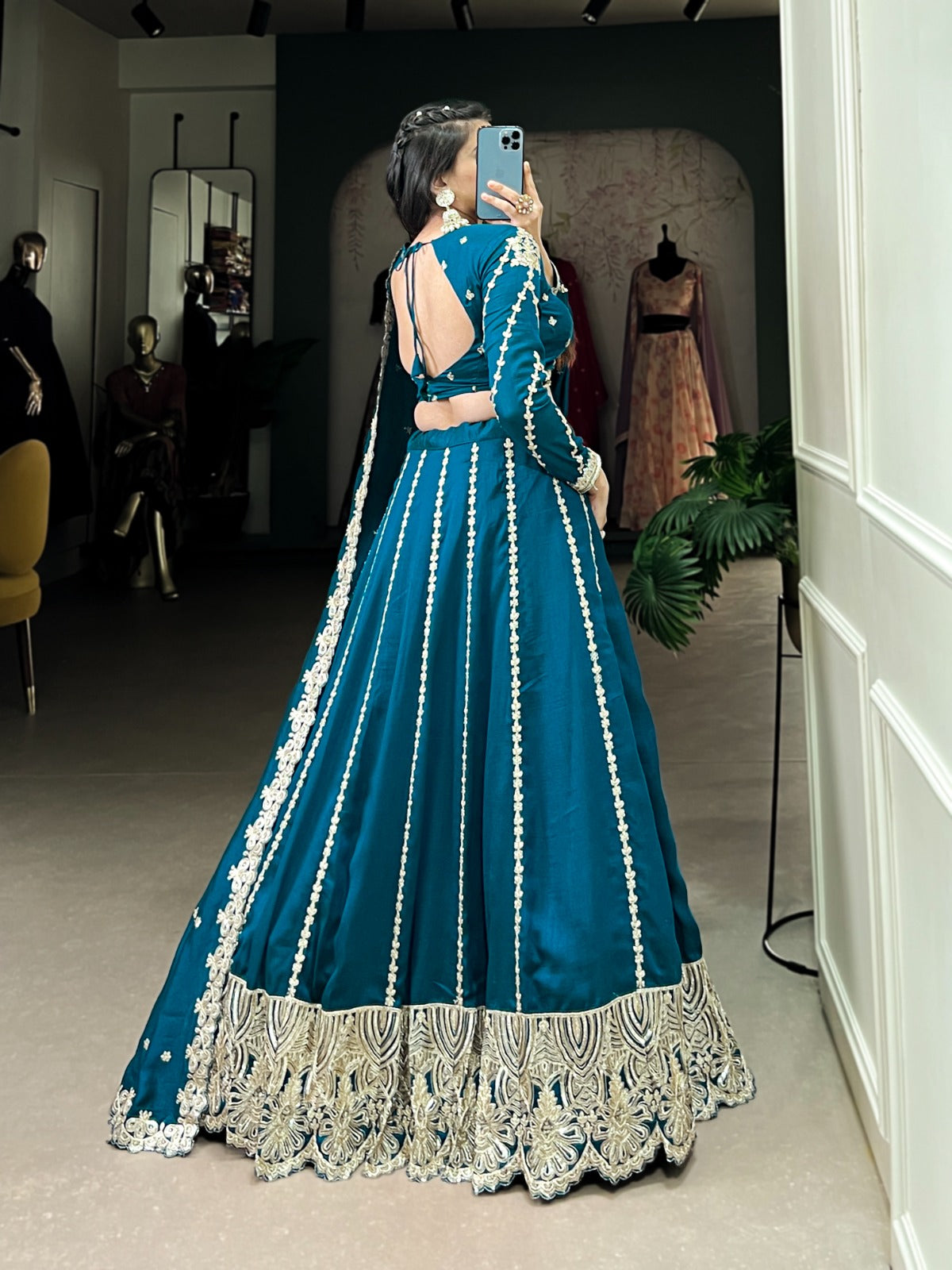 Firozi Vichitra Silk sequins and thread embroidery Lehenga Choli