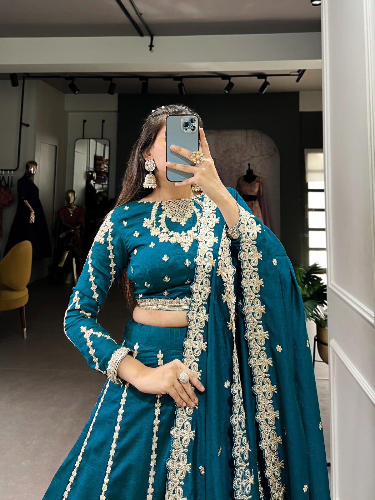 Firozi Vichitra Silk sequins and thread embroidery Lehenga Choli