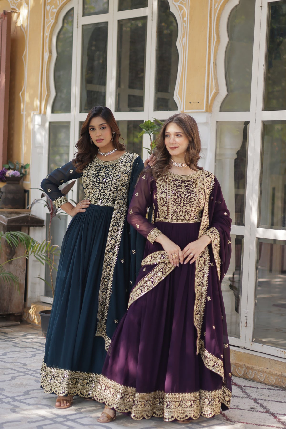 Purple and Blue Premium Designer Readymade Gown with Dupatta